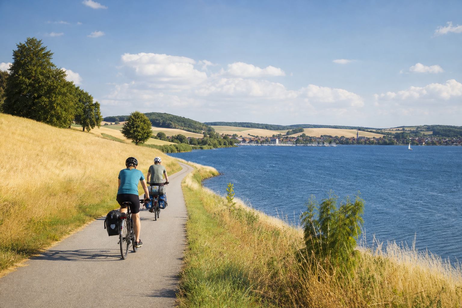 Radweg zwischen Feldern und Gletschersee in Mecklenburg
