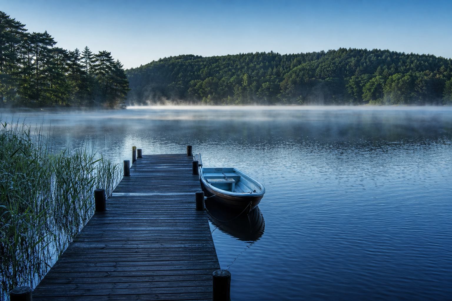 Frühmorgendlicher Gletschersee mit Holzsteg und Nebelschleier in Mecklenburg