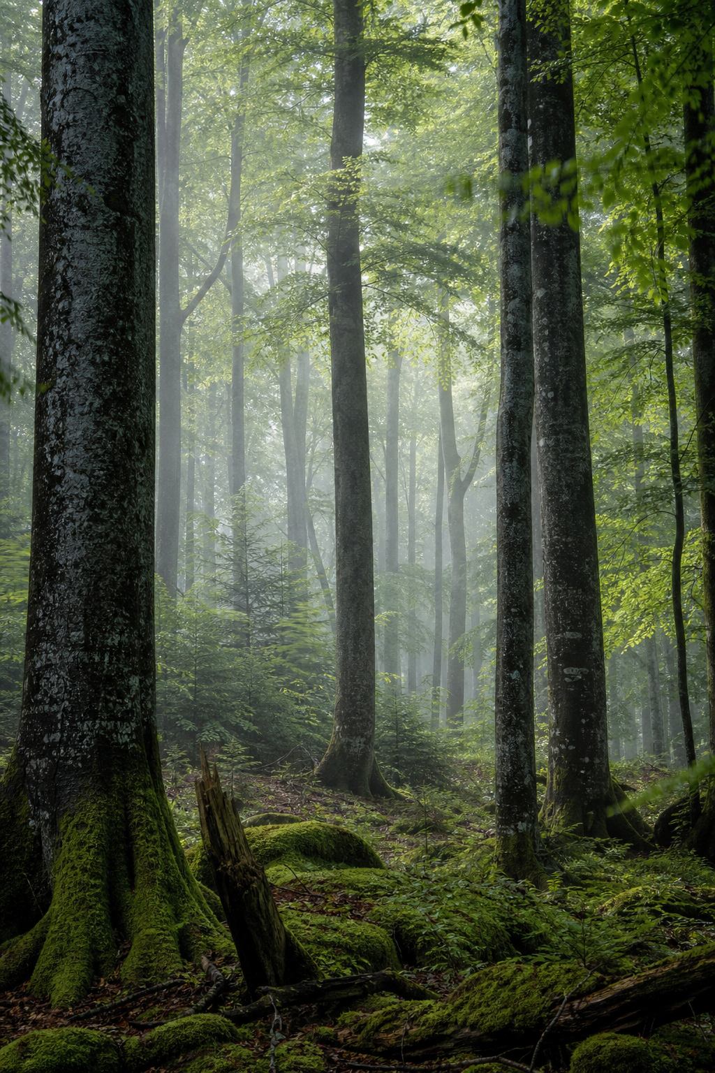 Hohe Buchenstämme im alten Wald von Serrahn